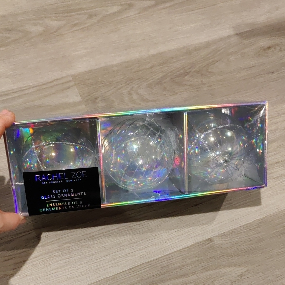 New!Y2K Rachel Iridescent Glass Holiday Ornament Silver Glitter Feather Set Of 3